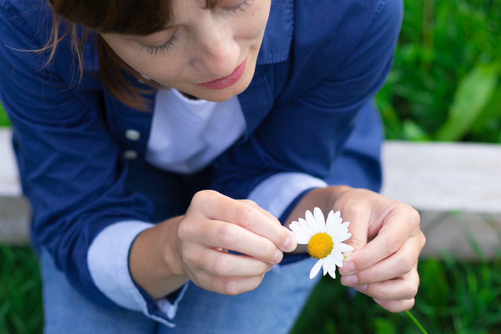 Pretty young woman in a blue shirt is guessing on a camomile in the meadow. Selective focus. Close-up