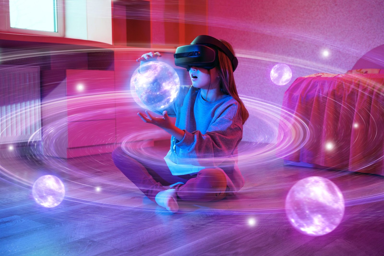Child,Girl,Wearing,Virtual,Reality,Headset,And,Looking,At,Digital