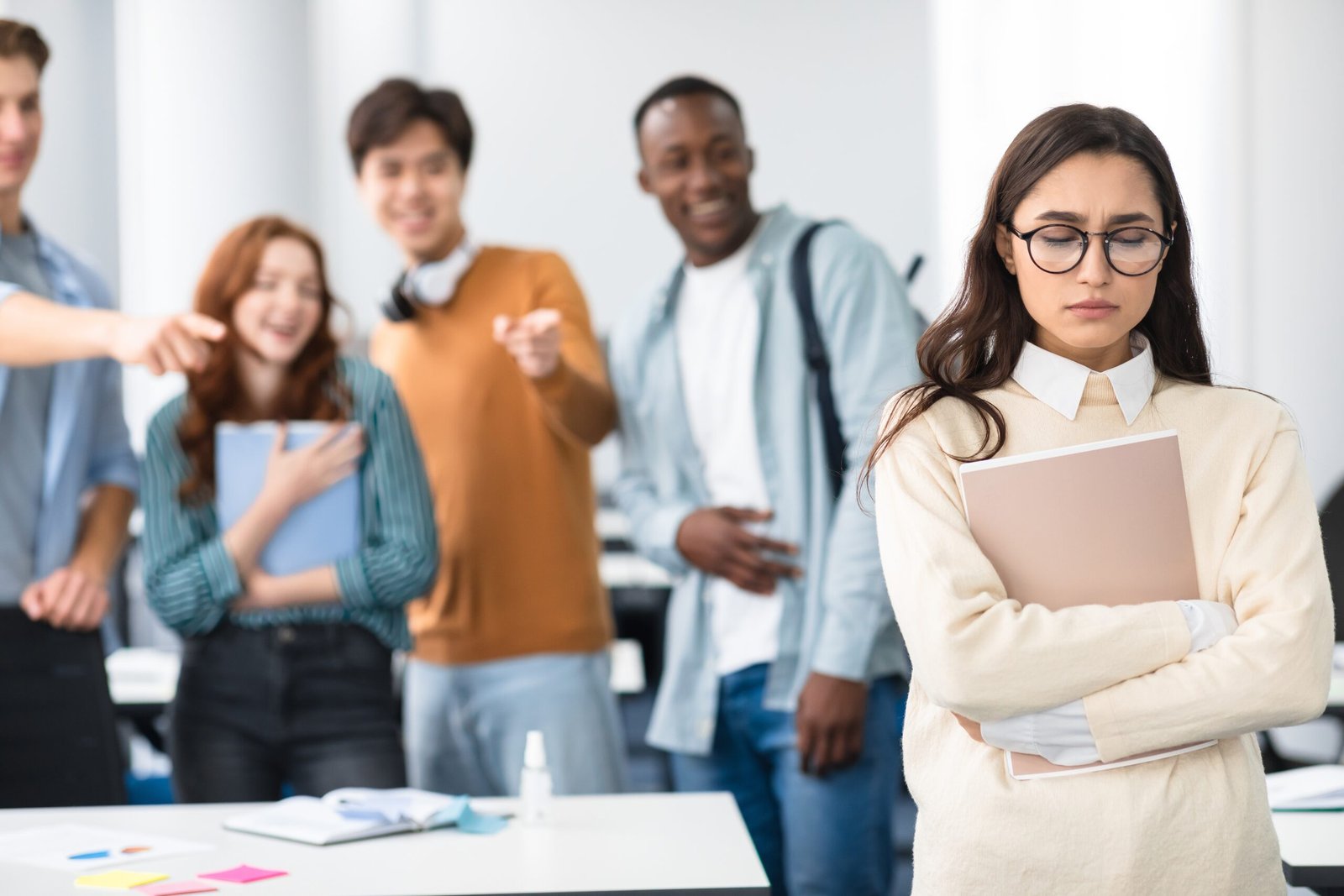 Group,Conflict.,Sad,Latin,Woman,In,Eyeglasses,Standing,Away,Alone,