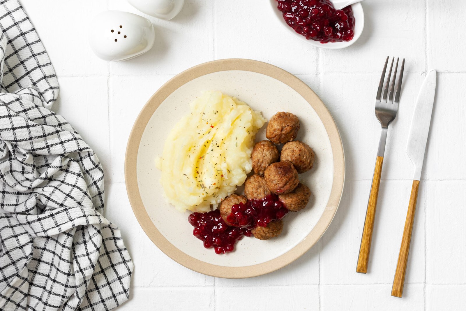 Swedish,Meatballs,With,Mashed,Potatoes,And,Lingonberry,Jam,Top,View.